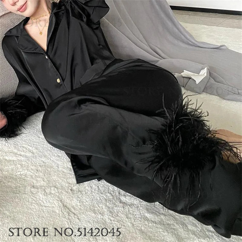 Amelie | Elegantes Satin-Pyjama-Set für Damen langarm 0