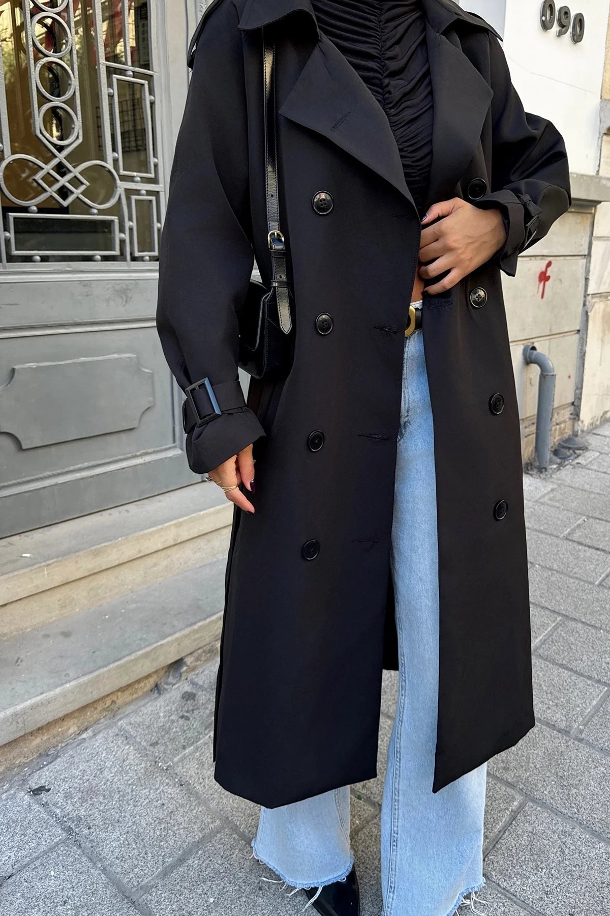 Marie | Eleganter Trenchcoat für Damen schwarz wetterfest